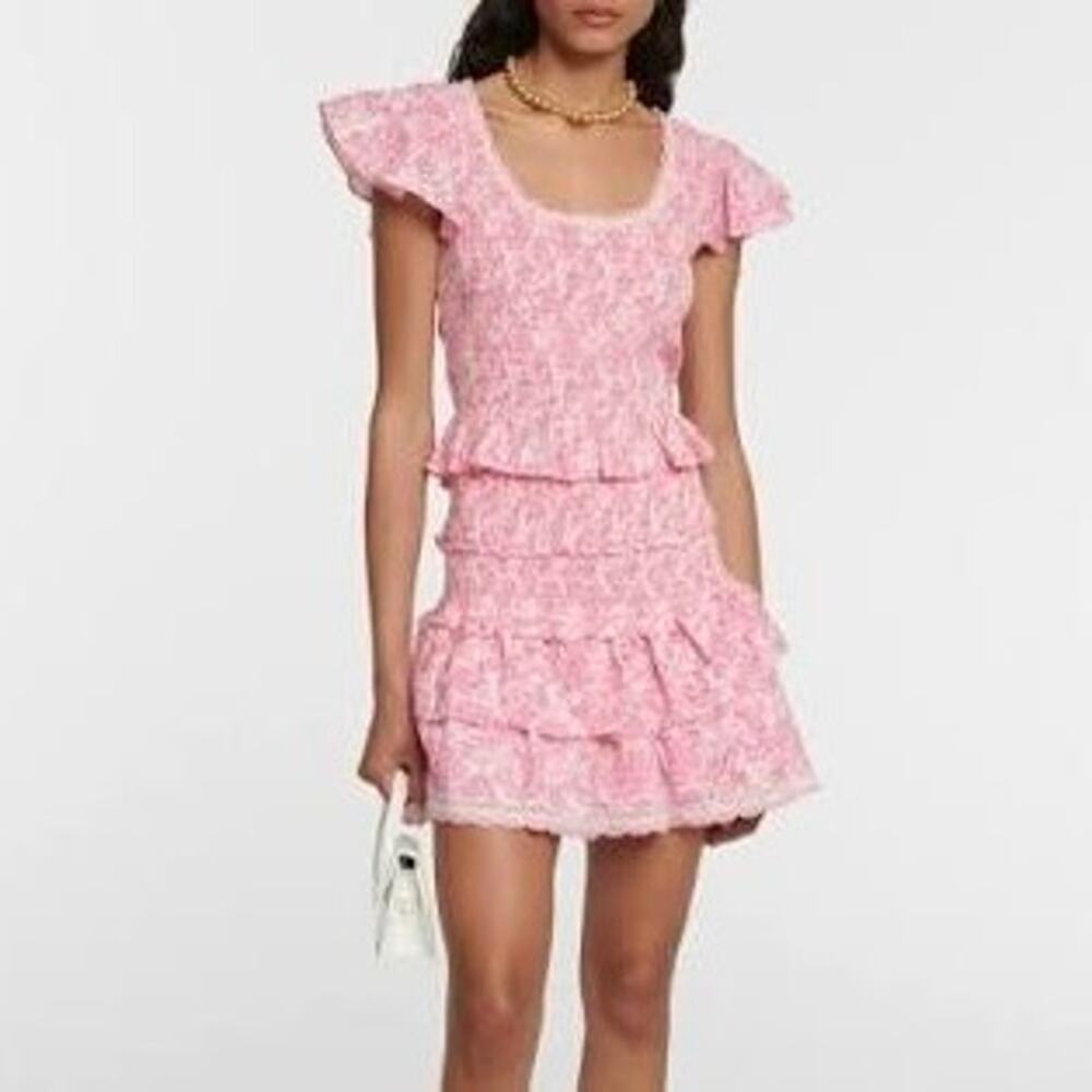 LOVESHACKFANCY Milta Pink Floral Smocked Scoop Neck Top XS NEW Ruffle Crochet